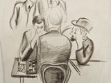 pencil drawing of a group of men playing a game of chess
