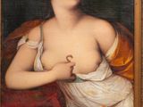 painting of a woman in a white dress holding a snake