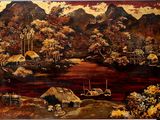 peinture représentant un tableau représentant un paysage avec une rivière et des montagnes en arrière-plan
