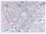 dessin représentant une ville avec un incendie en son centre