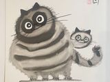 un tableau représentant un chat et un raton laveur accroché au mur