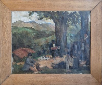 une peinture représentant un groupe de personnes assises sous un arbre