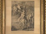 an old picture of a painting of a man on a horse with angels