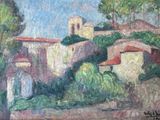 une peinture à l'huile représentant un village situé sur une colline, avec des arbres au premier plan