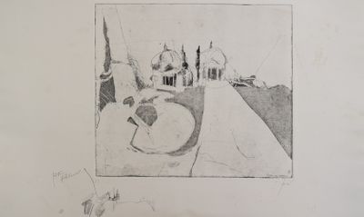 dessin au crayon représentant un bâtiment et un chat posés sur une table