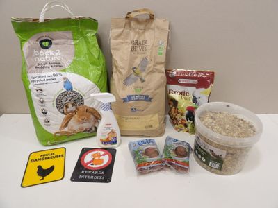 a bag of dog food, a bag of cat food, a bag of cat food, and a bag of catnip