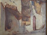 an oil painting of a building with a door and a window