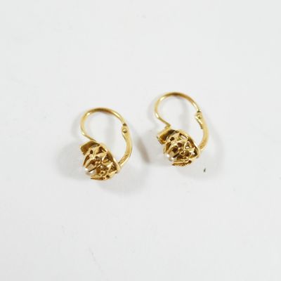 une paire de boucles d'oreilles en or sur une surface blanche