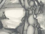 a black and white drawing of two nudes in a forest