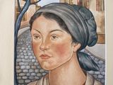 painting of a woman with a turban and a tree in the background