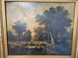 an oil painting of a wooded landscape with a giraffe in the foreground