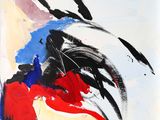 an abstract painting of a rooster with red, blue, and black feathers