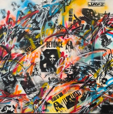 peinture représentant un tas d'autocollants sur un mur recouvert de graffitis