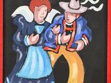 a painting of two people dressed in costumes on a blackboard