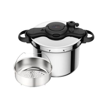 a close up of a stainless steel pot and strainer on a white background
