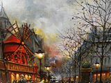 a painting of people walking down the street in the rain