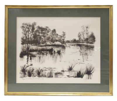 une image représentant un dessin en noir et blanc d'un lac