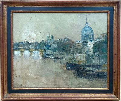 an oil painting of a cityscape with a boat in the foreground