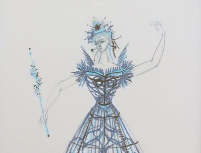 dessin représentant une femme en robe bleue tenant un parapluie bleu