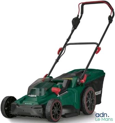 a green lawn mower with a red handle on a white background