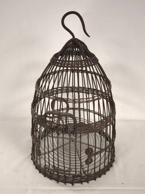 an old bird cage with a bird in it on a white background