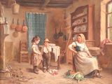 un tableau représentant une femme et deux enfants dans une cuisine
