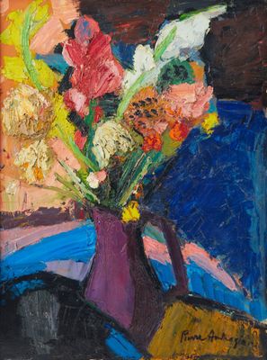 une peinture de fleurs dans un vase sur une table