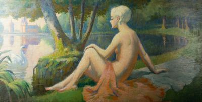 un tableau représentant une femme nue assise sur un rocher au bord de l'eau