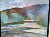 une peinture représentant une rivière au milieu d'un tableau