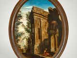 an oval painting of a man sitting on a ledge in front of a building