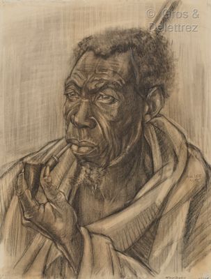 dessin représentant un vieil homme fumant la pipe, une cigarette à la bouche