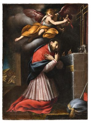 an image of a painting of a man kneeling in front of an angel