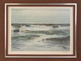 painting of a beach scene with small boats in the water