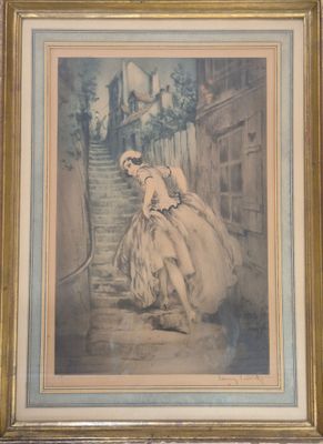 tableau représentant une femme en robe descendant un escalier