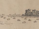 un dessin représentant un paysage avec des arbres en arrière-plan