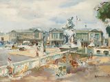 un tableau représentant une place de ville avec une statue au centre