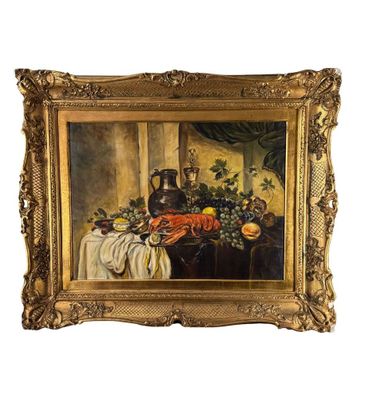 tableau représentant une nature morte avec des fruits et un vase posés sur une table