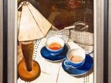 painting of two cups of tea and a lamp on a table