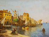 tableau représentant une scène de port avec des bateaux et des bâtiments en arrière-plan