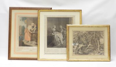 trois reproductions encadrées représentant une femme et un homme dans un jardin