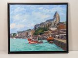 a painting of a boat in the water near a city