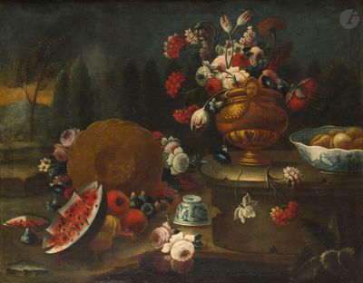 une peinture représentant un vase de fleurs et de fruits sur une table