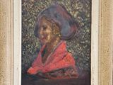 an oil painting of a woman in a red dress and a black hat