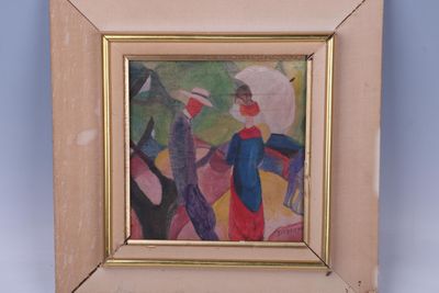 tableau représentant une femme coiffée d'un chapeau rouge et un homme en costume bleu