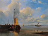 une peinture représentant un bateau sur l'eau près d'un quai