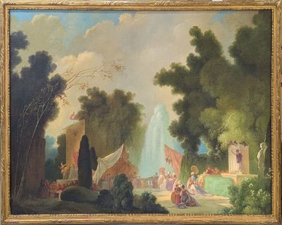 peinture représentant un paysage avec des personnages et une fontaine au premier plan