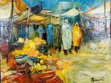 une peinture à l'huile représentant une scène de marché avec des fruits et des légumes