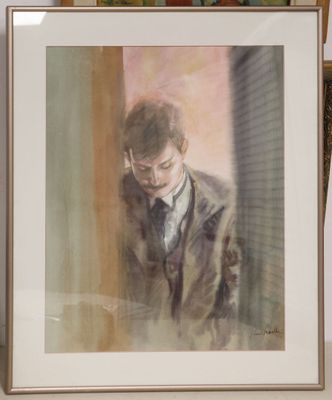 a painting of a man in a suit and tie on a shelf