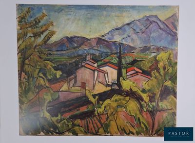 une image représentant un tableau d'un village avec des montagnes en arrière-plan