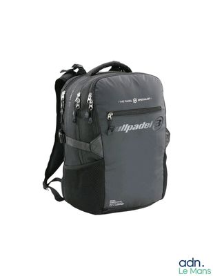 the backpack is gray and black with a zippered pocket on the front